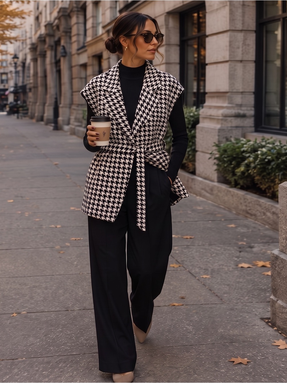 SHEIN Houndstooth Belted Sleeveless Jacket